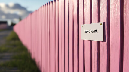 Caution: newly painted pink fence! Freshly painted barrier with a warning sign. Close-up view of the texture and color. Be careful, wet paint!