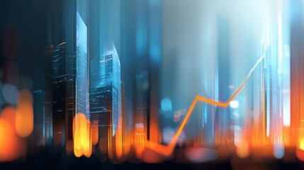 A vibrant, abstract cityscape with glowing skyscrapers and a rising graph line, symbolizing growth and progress in a digital economy.