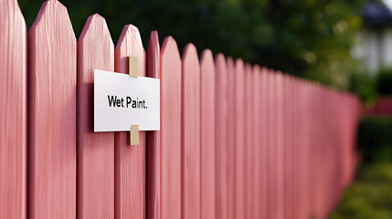 A freshly painted wooden fence with a "Wet Paint" sign attached. A necessary warning to avoid unwanted contact! Bright color pops against the green.