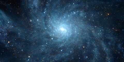 Fototapeta premium Blue spiral galaxy glowing in cosmic universe astronomy science fantasy background design - AI generated