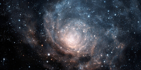 Obraz premium Bright spiral galaxy glowing in cosmic universe astronomy science fantasy background design concept - AI generated