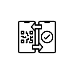 Two outline smartphones displaying qr code and checkmark icon with transfer arrows in a clean white background representing data exchange or verification process