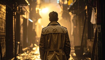 Man in Trench Coat Walking in a Rain Lit Alley at Night