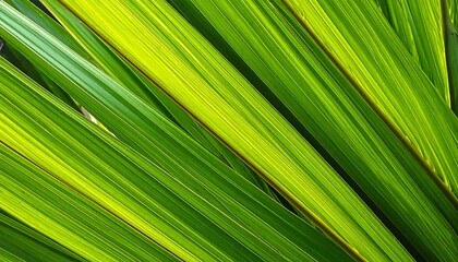 Obraz premium A close-up photo showcases vibrant green palm leaves illuminated by sunlight. The details reveal veins and a contrasting interplay of light and shadow