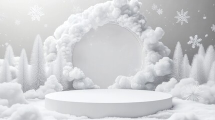 Winter product display, snowy scene, white podium, circular frame, Christmas background, for advertising