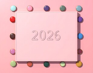 A pink rectangle with the year 2026 embossed in the center, surrounded by colorful round buttons on a pink background.