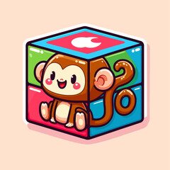 Fototapeta premium A cute cartoon monkey character sitting on a colorful cube with different colored panels and a white apple logo on top.