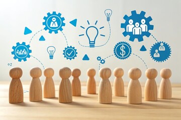 Wooden figures representing teamwork and collaboration with icons of gears and ideas in background