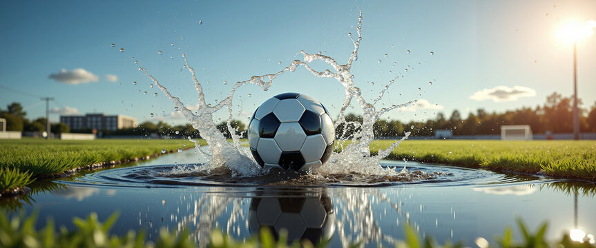 Soccer ball splashing in a puddle on a sunny football field  