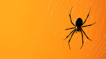 Spider in its web against a vibrant orange background. Perfect for seasonal or nature-themed content. Copy space available.