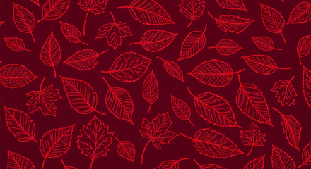 Red leaves pattern on dark-red background, line art style, seamless texture, autumnal theme, suitable for fall designs, wallpaper, or textile print