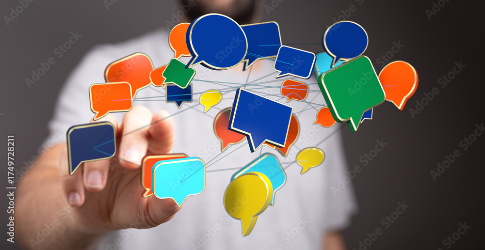Wall mural man pointing to connected speech bubbles. idea of communication network, social media interaction an