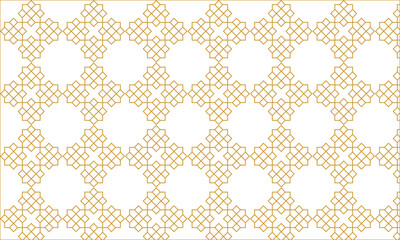 Elegant geometric pattern with golden lines forming symmetrical shapes on a white background. Perfect for Islamic art, luxury design, decorative wallpaper, or modern architecture inspiration.