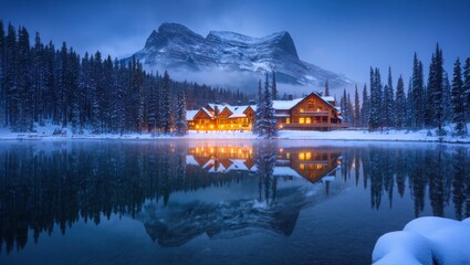 Obraz premium Majestic Mountain Lodge Snow Winter Serene Lake Reflection Twilight Blue Hour Evergreen Forest Snowy Landscape Cozy Warm Lights Peaceful Retreat Wilderness Escape Canadian Rockies Banff National Park