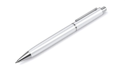 A close-up, isolated shot of a modern, silver-colored pen with a cap clip and a slender body, lying on a white surface