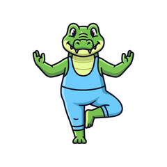 Fototapeta premium Charming cartoon crocodile character in a blue yoga outfit striking a balanced tree pose, an illustration symbolizing peace, flexibility, and a playful approach to wellness and mindful movement