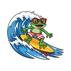 Obraz premium Illustration of a happy cartoon frog surfer in sunglasses and swim trunks, catching a big blue ocean wave on a yellow surfboard