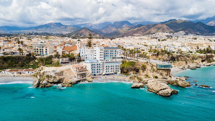 Nerja, Spain - aerial view of the beautiful town on the rocky coast of the Spanish coastline