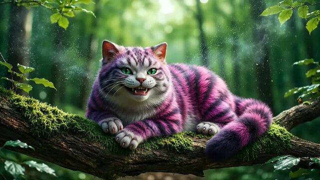 The famous Cheshire Cat from Alice in Wonderland rests on a mossy branch in a magical forest with its iconic wide grin