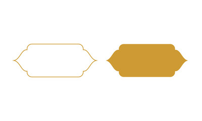 Two elegant label frames in gold, one outlined and one filled. Simple ornamental design with curved edges, ideal for invitations, packaging, decorative templates, or luxury branding elements.