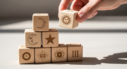 Hand stacks wooden blocks with symbols building a learning foundation