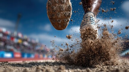 Close-up of a runner's foot impacting the sand pit during a long jump, showcasing a dynamic burst of flying dirt against a blurred background of spectators.