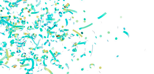 Festive confetti background with teal and gold streamers and dots. Perfect for party invitations, celebrations, and more.