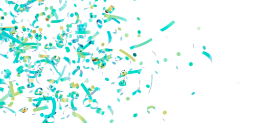 Festive confetti background with teal and gold streamers and dots. Perfect for party invitations, celebrations, and more.