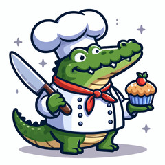 Obraz premium A cartoon alligator chef wearing a chef's hat and uniform, holding a knife and a cupcake.
