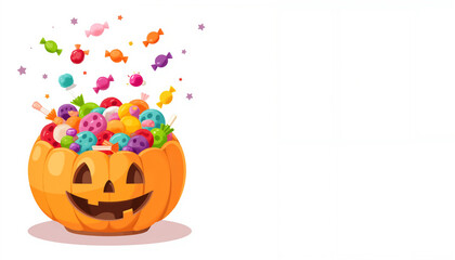 Fototapeta premium Halloween pumpkin filled with colorful candies and sweets with copyspace 