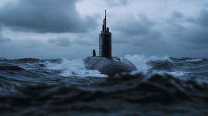 Submarine navigates choppy ocean waves under a stormy sky. A silhouette of a powerful naval vessel in a test of ocean strength and resilience.