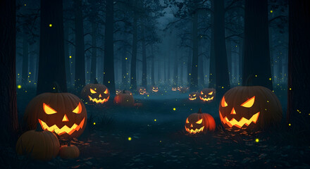 Spooky Jack-o'-Lanterns Illuminating a Dark Halloween Forest Path with Mystical Glow