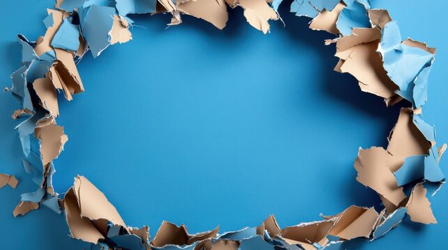 Blue Torn Paper Frame with Brown Underlay, Abstract Background with Textured Edges and Central Empty Space