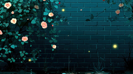 Romantic Evening Scene: Roses, Fireflies and Brick Wall Background