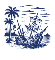Vintage hand-drawn pirate ship wreck near tropical island, nautical adventure art for posters or decor.