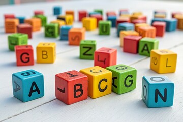 Colorful wooden alphabet blocks scattered on a white table, creating a playful learning environment