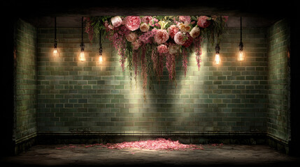 Rustic Brick Wall with Roses and Edison Bulbs Backdrop