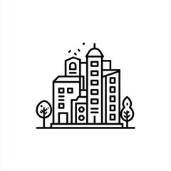 Fototapeta premium Stylized line art of a modern city skyline featuring various building designs and trees.