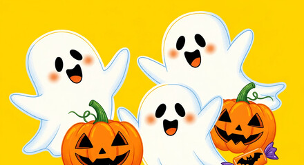 Fototapeta premium Three cheerful ghosts and jack-o'-lanterns on yellow background, conveying Halloween fun and festive spirit Ideal for seasonal greetings or party invitations