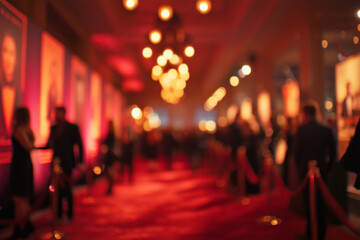 Blurred red carpet event background with warm lights and people in formal attire, elegant gala or award ceremony atmosphere suitable for celebrity, entertainment, and luxury event design use
