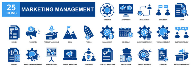 Marketing Management icon set collection. Containing design Effective, Survey, Budget, Customer Review, Marketing Strategy