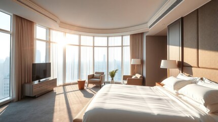 Bright, modern bedroom interior with large windows offering a city view, featuring a bed, chairs, and television.
