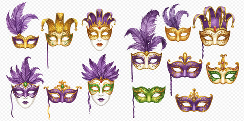Watercolor illustration of various ornate Venetian carnival masks adorned with feathers, glitter, and traditional Mardi Gras colors.