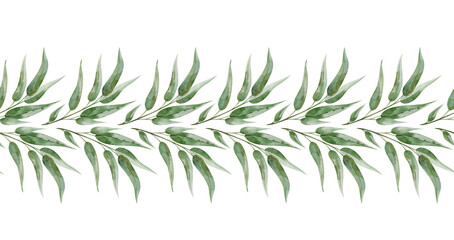 Watercolor branch green leaves seamless border. The illustration botanical style hand drawn for menu, invitations, cards, packaging.