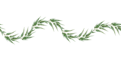 Watercolor branch leaves seamless border. The illustration botanical style hand drawn for invitations, cards, packaging.