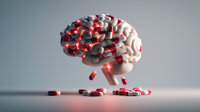 Conceptual brain made of pills with red neural glow