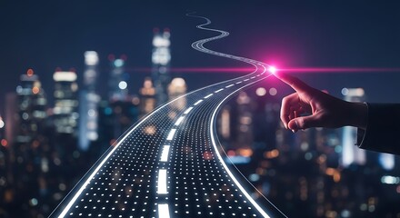 Futuristic digital highway glowing with data streams above a blurred city skyline at night