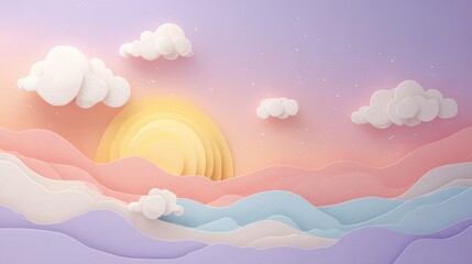 A serene paper-cut landscape featuring layered waves, a rising sun, and fluffy clouds, all in soft pastel colors.