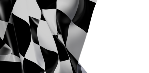 A close-up shot of a waving black and white checkered racing flag on a white background, with soft lighting, symbolizing victory, speed and comp