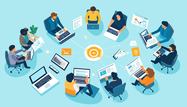 Conceptual illustration of a business team collaborating in a modern hybrid work environment through digital connectivity and online tools